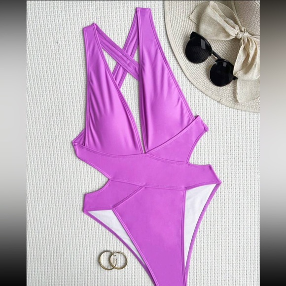 Purple Ruched Criss Cross Back One Piece Swimsuit - Picture 5 of 6
